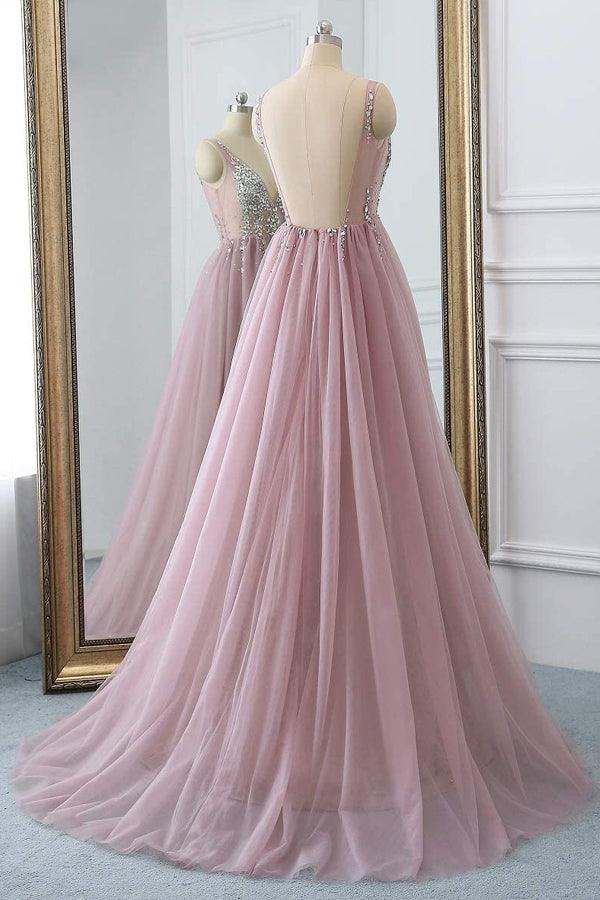 Luolandi A Line Sparkly V Neck Tulle Long Prom Dress Open Back Floor Length With Slit Sexy